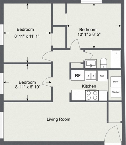 Floor plan for 3 beds, 1 bath, 860 sqft